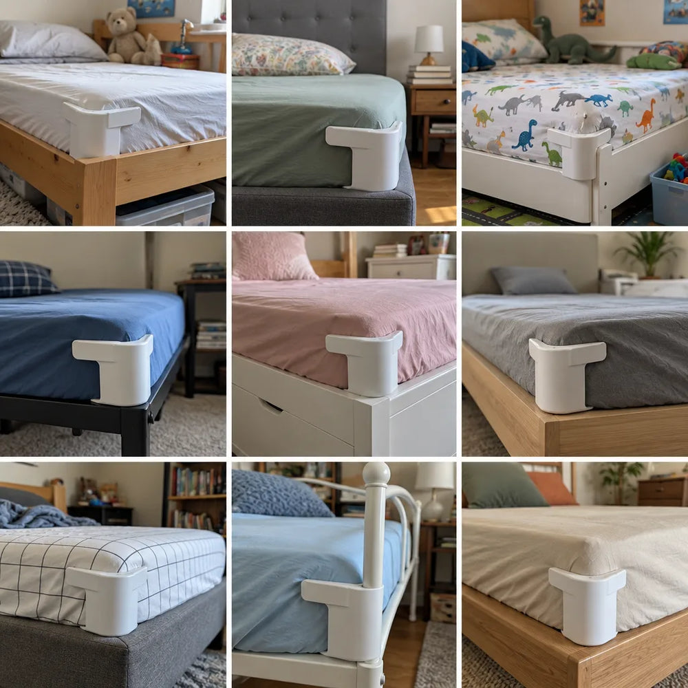 Collage de 9 fotos de camas distintas (individual, matrimonial, de niños, de visitas) con la sábana tensa y un soporte B